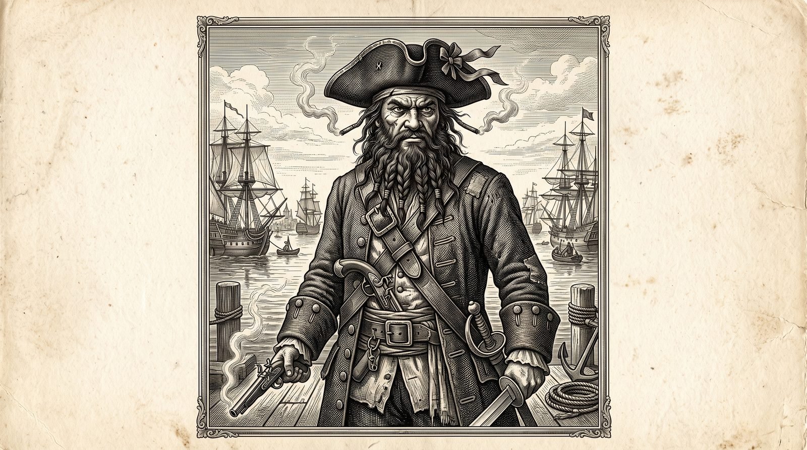 Copperplate-engraving style portrait of the pirate Blackbeard, Edward Teach