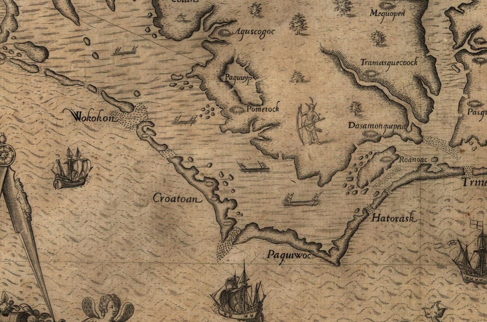 Detail of Theodor de Bry's 1590 engraved map of Virginia showing the Outer Banks island lettered Wokokon, with Croatoan and Hatorask