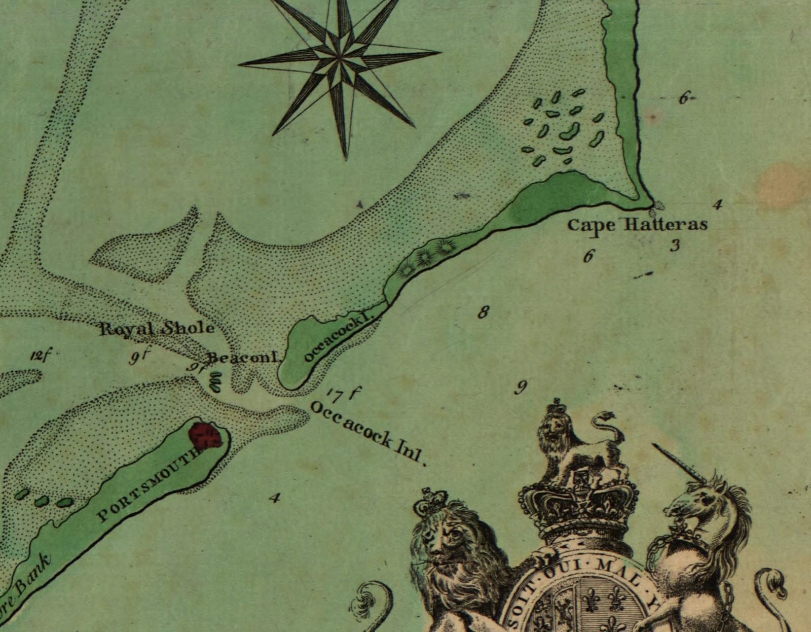 Detail of John Collet's 1770 map of North Carolina showing Occacock Island, Occacock Inlet, Beacon Island, Royal Shole and the town of Portsmouth with depth soundings
