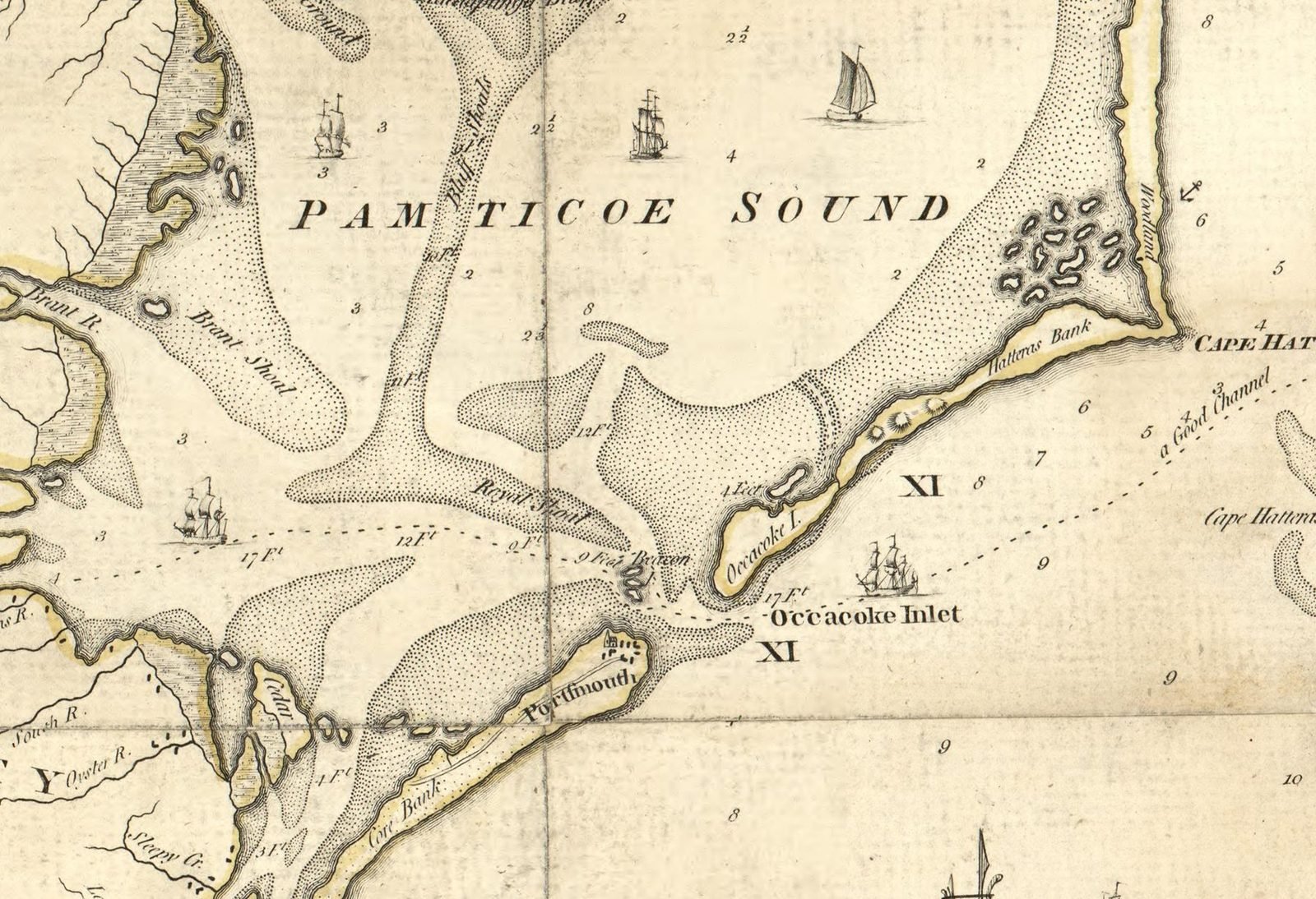 Detail of Henry Mouzon's 1775 map showing Occacoke Inlet, Portsmouth, Royal Shoal, a 9 Feet Beacon and depth soundings in Pamticoe Sound