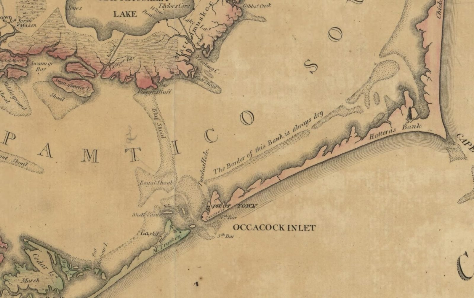 Detail of the 1808 Price and Strother map of North Carolina showing Teachs Hole channel, PILOT TOWN across Ocracoke Island, Occacock Inlet, Shell Castle and Royal Shoal
