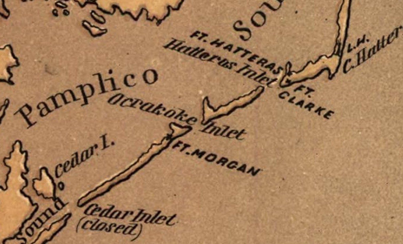 Detail of the 1862 Burnside's Expedition map showing Ocrakoke Inlet, Ft. Morgan on Beacon Island, Hatteras Inlet with Ft. Hatteras and Ft. Clarke, and Cedar Inlet marked closed