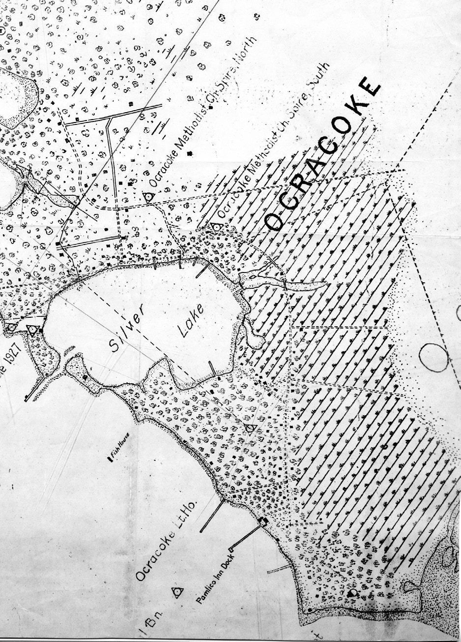 Detail of a 1927 survey map of Ocracoke village showing Silver Lake, the Ocracoke lighthouse, Pamlico Inn Dock, a fish house and two Methodist churches