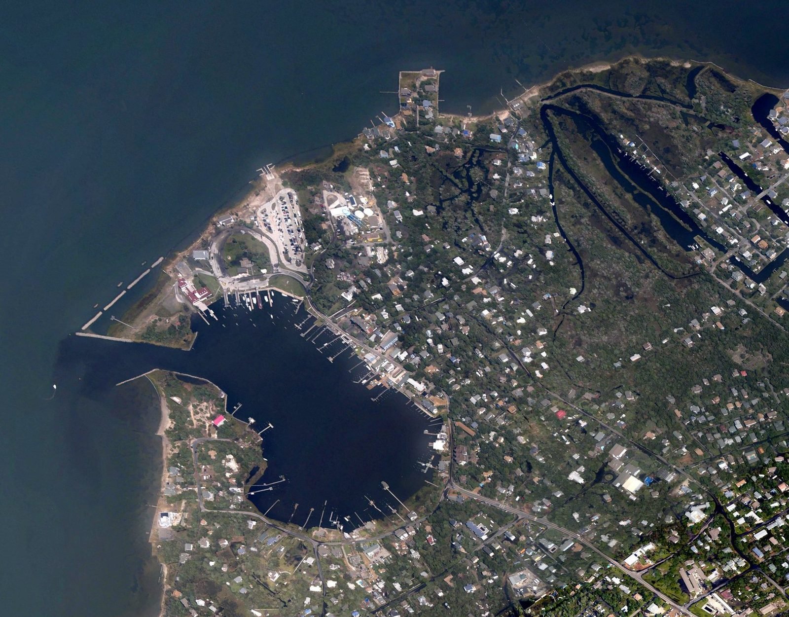 NOAA aerial photograph of Ocracoke village and Silver Lake harbor taken on 7 September 2019, the day after Hurricane Dorian's storm surge flooded the island