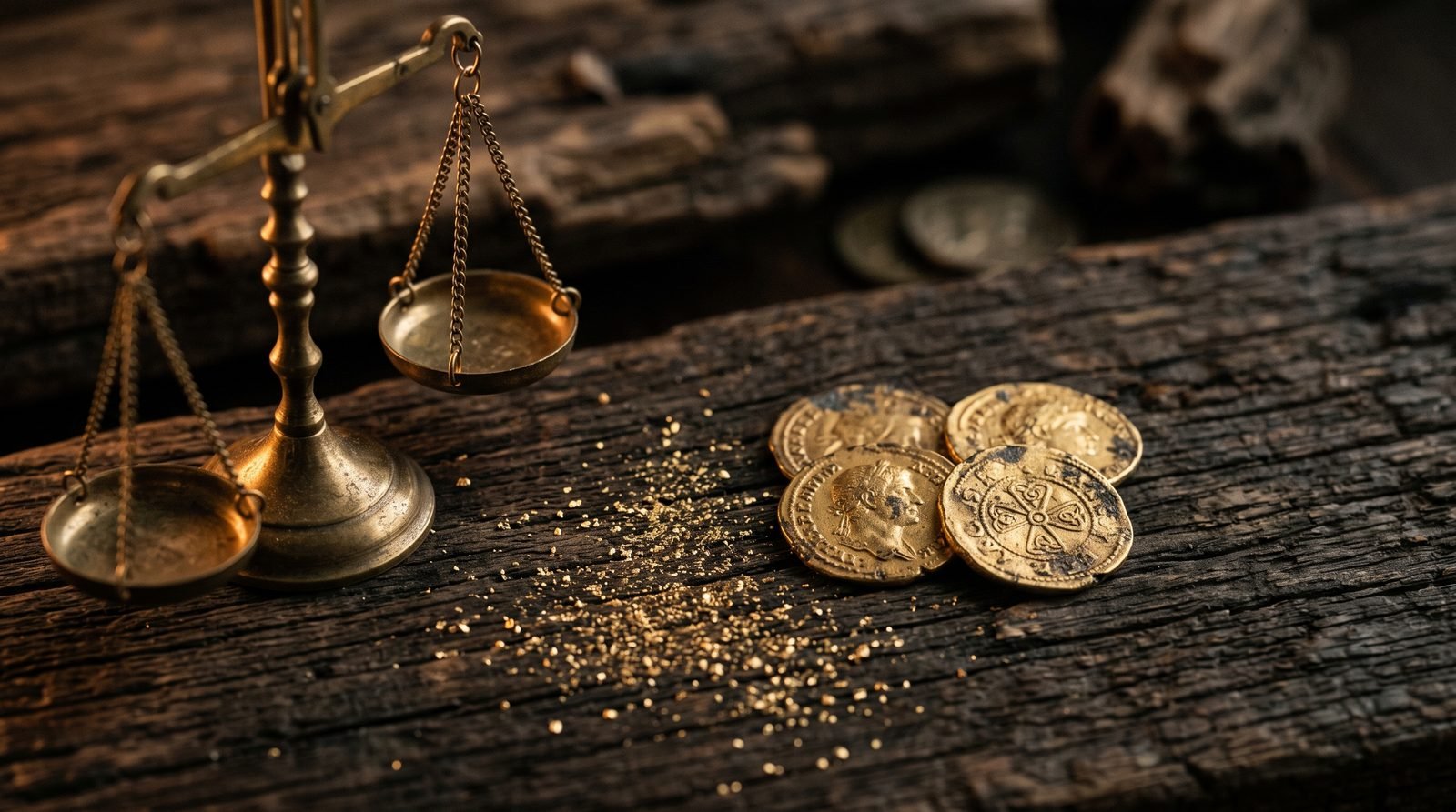 Worn gold coins and gold dust on dark wood beside a brass balance scale