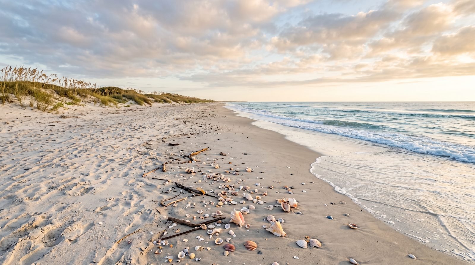Empty beach on Ocracoke Island with shells, low dunes and sea oats