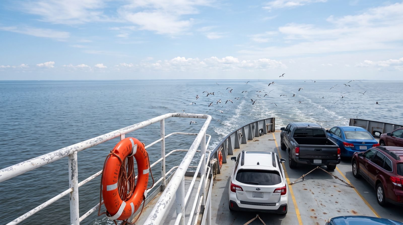 View from the vehicle deck of a ferry crossing Pamlico Sound