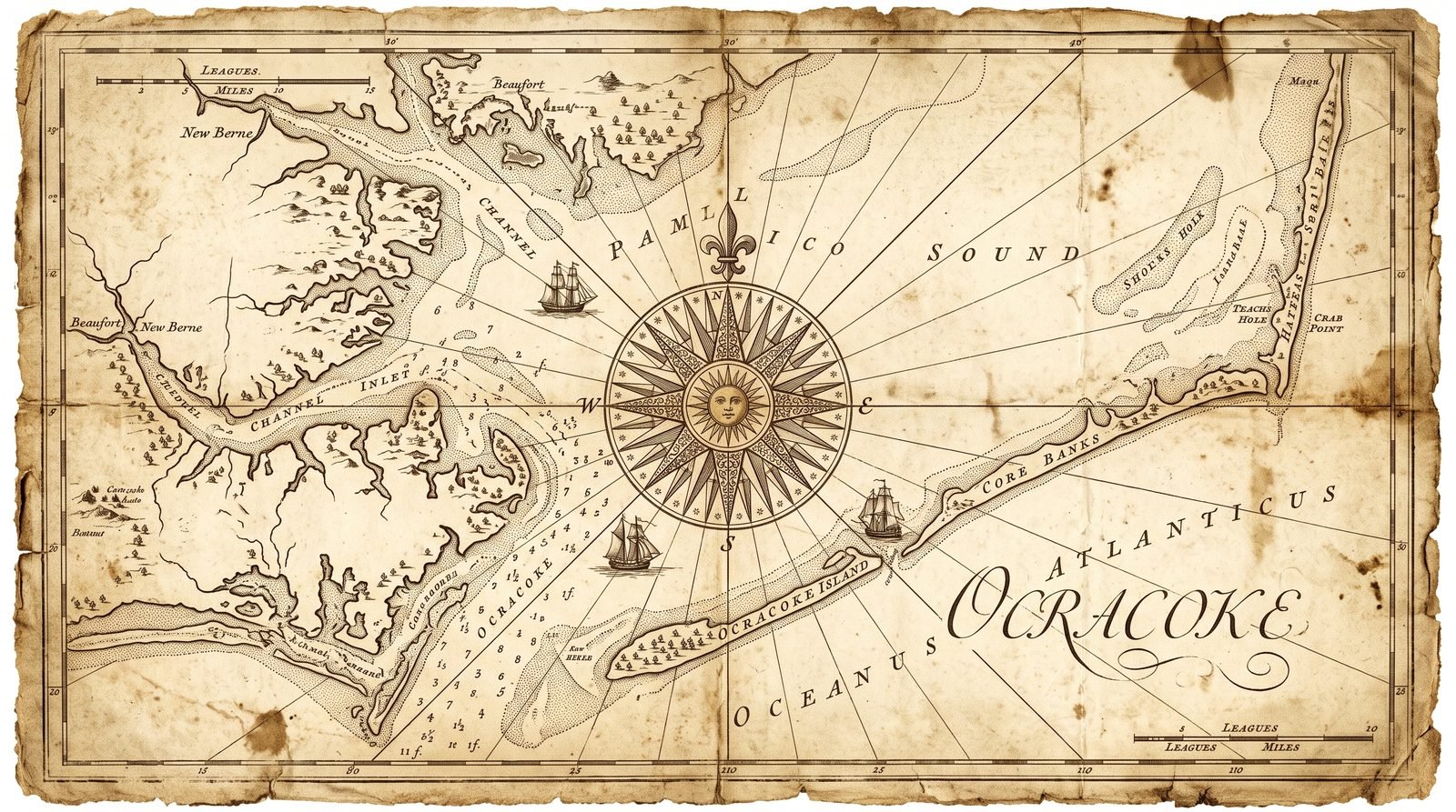Antique-style nautical chart of Ocracoke Inlet and Pamlico Sound