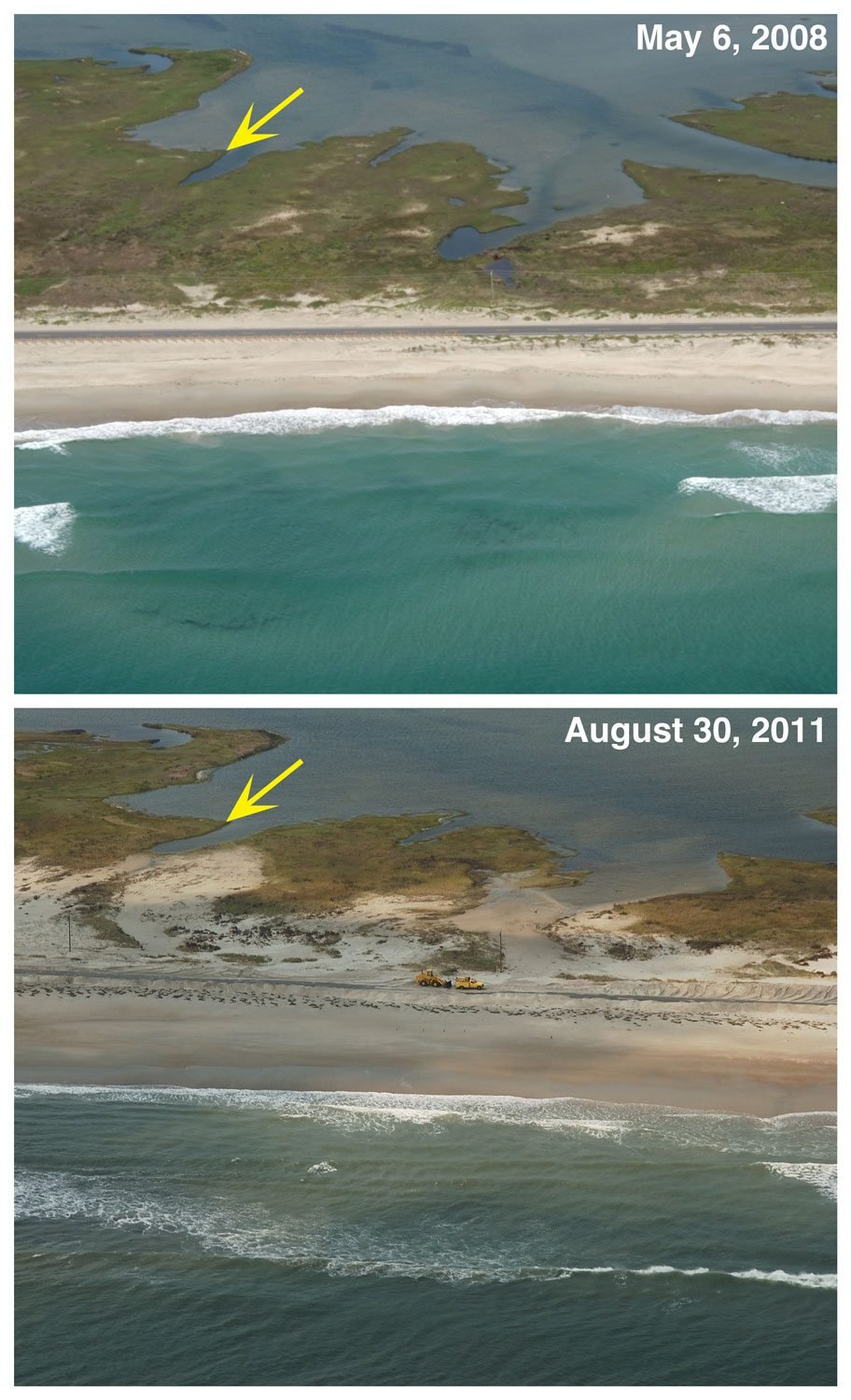Paired USGS aerial photographs of NC Highway 12 on Ocracoke Island, one from May 2008 and one from August 2011 three days after Hurricane Irene, showing sand overwash burying the road and a loader clearing it