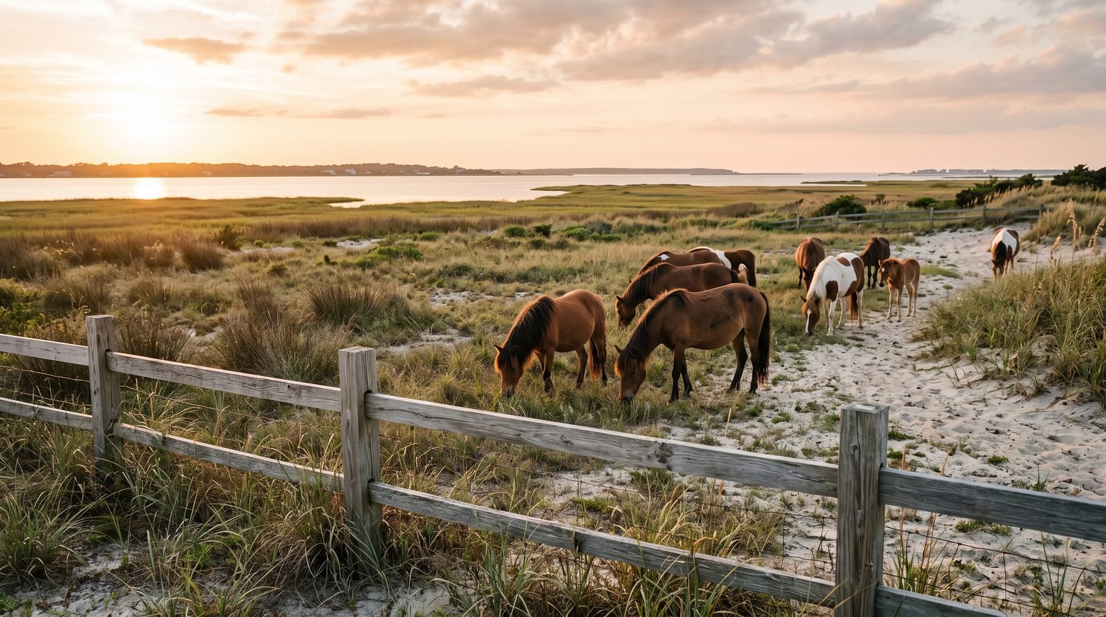 Banker ponies grazing behind a wooden fence on the soundside of Ocracoke Island