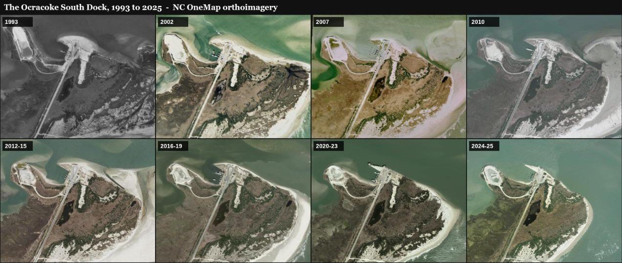 Eight aerial photographs of the north tip of Ocracoke Island from 1993 to 2025, showing the sand reshaping around the ferry dock