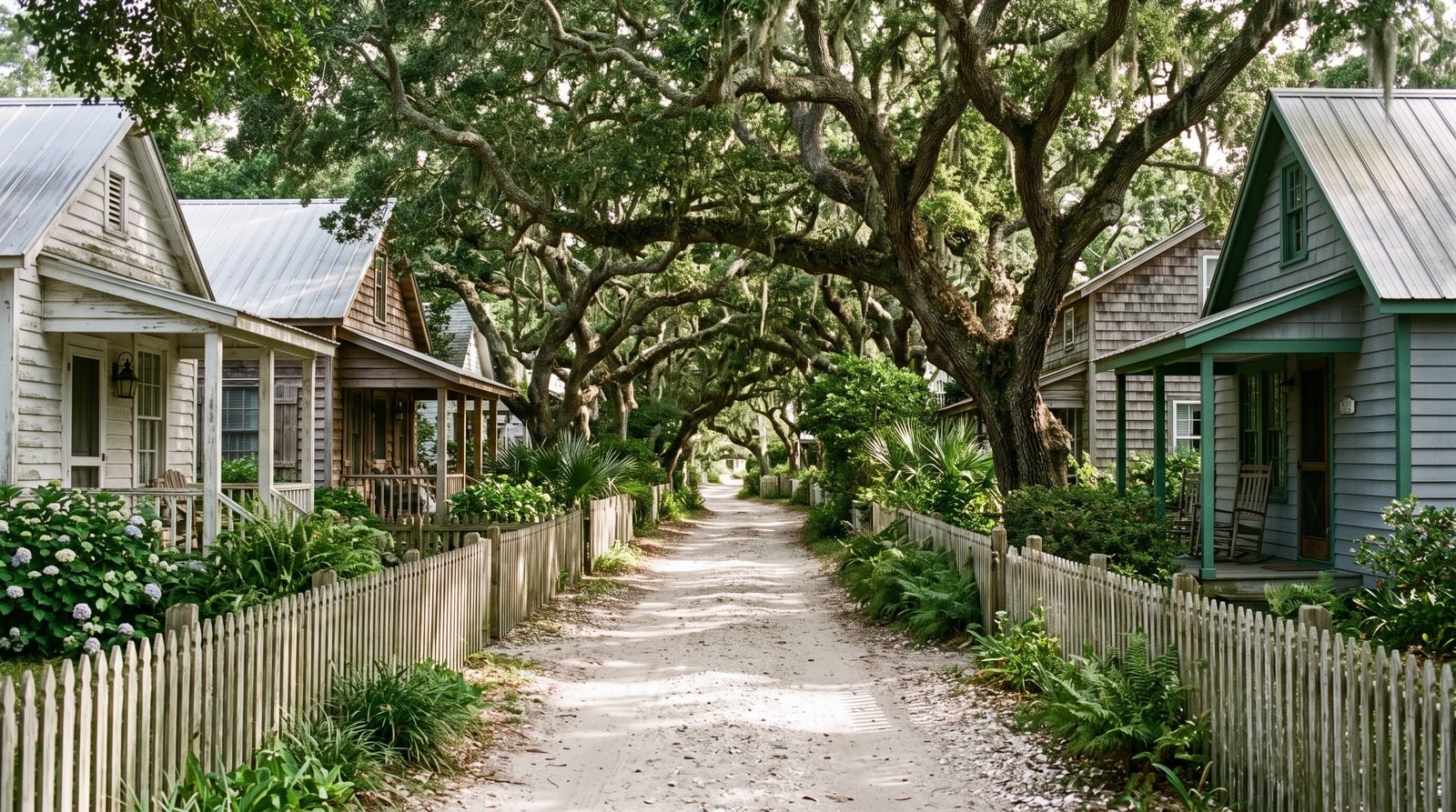 Unpaved sand-and-shell village lane under live oaks on Ocracoke Island