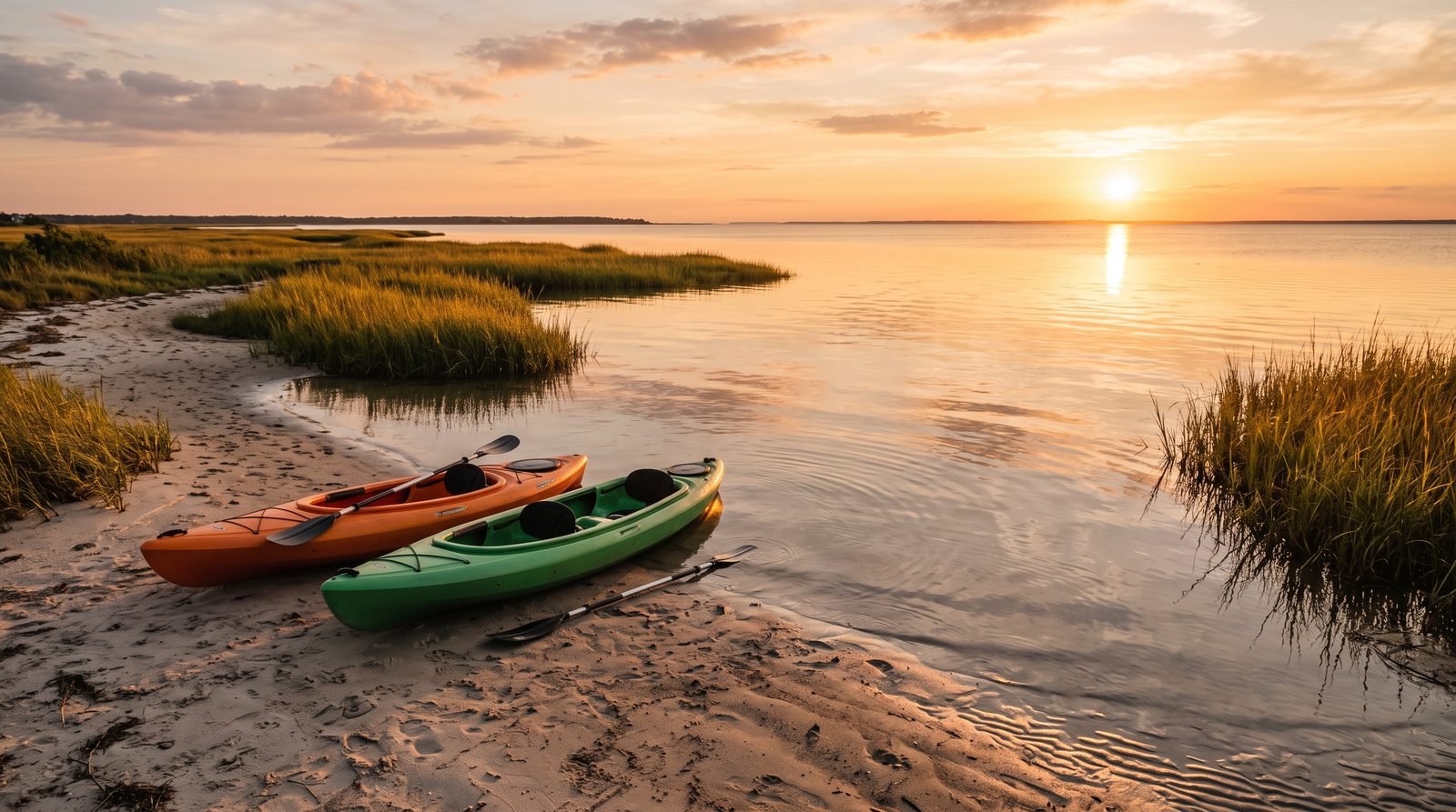 Two kayaks on a quiet Pamlico Sound shore at golden hour