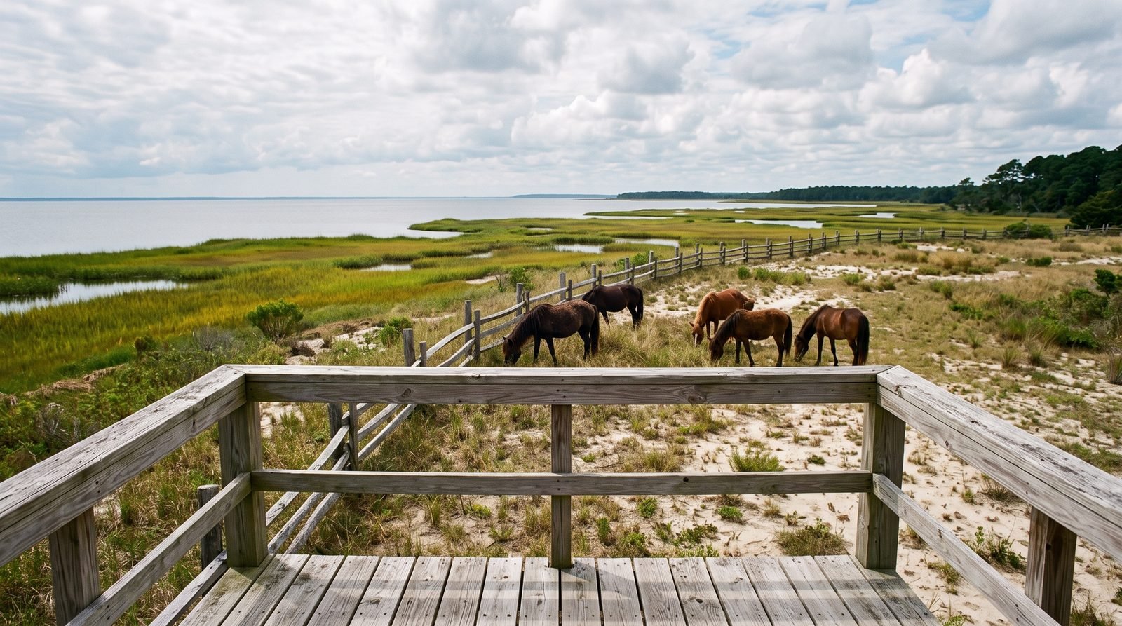 View from a wooden observation platform over a sandy soundside pasture with Banker ponies grazing