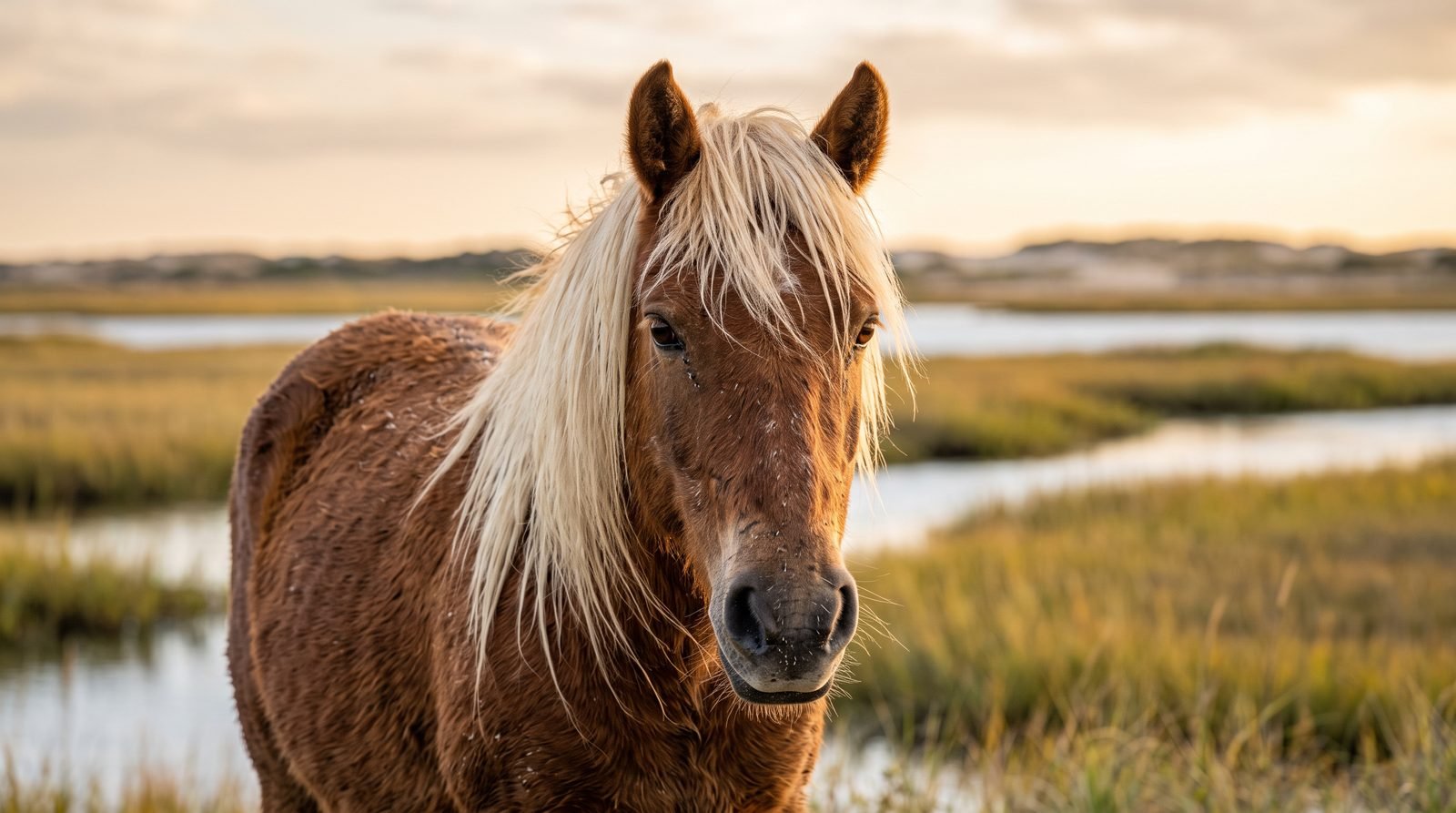 Close-up portrait of a chestnut Banker pony with a pale blond mane, salt marsh behind