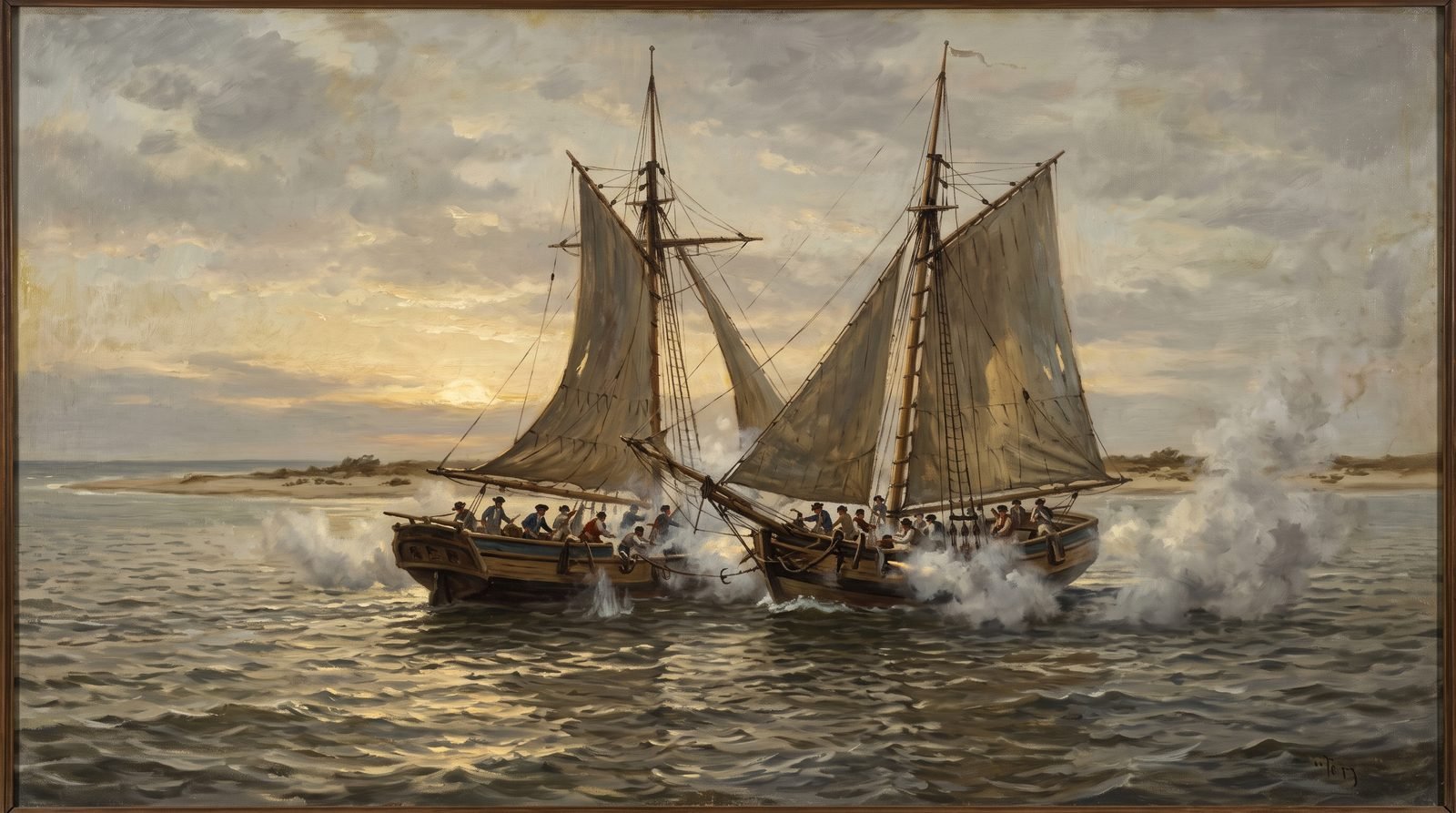 Marine painting of two 18th-century sloops in close battle at dawn