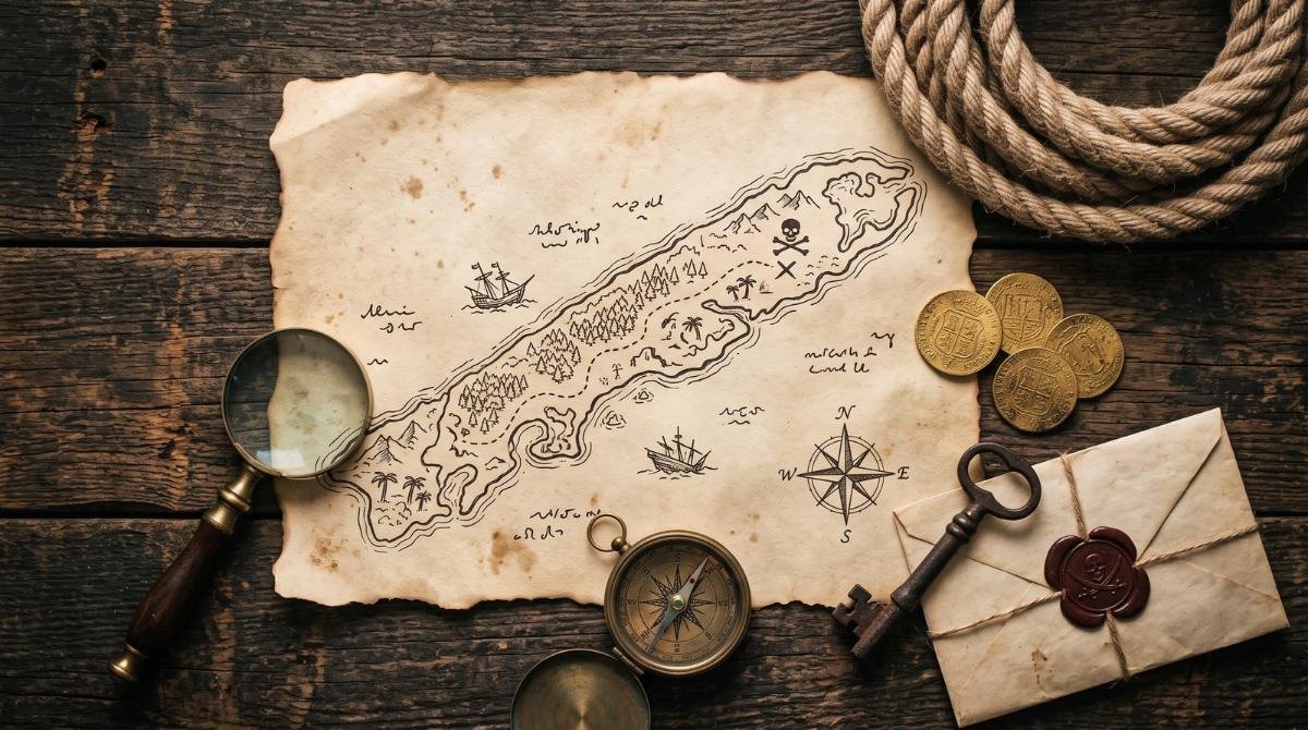 Overhead view of a parchment treasure map of a barrier island with compass, coins, key and sealed letter