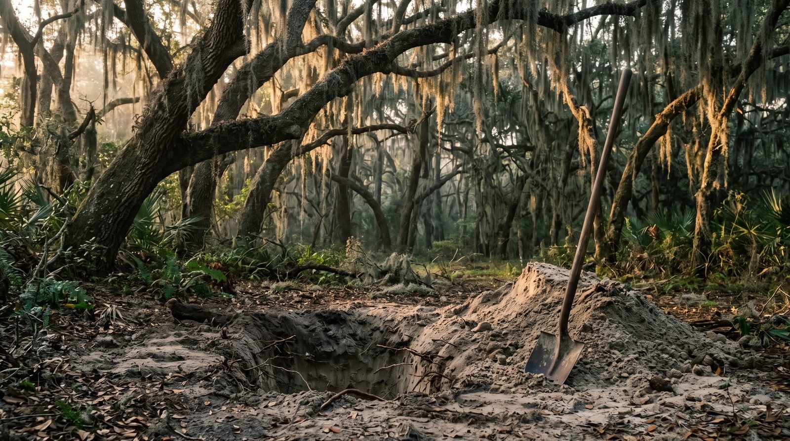 A freshly dug empty hole in sandy soil under live oaks, a shovel standing in the sand pile